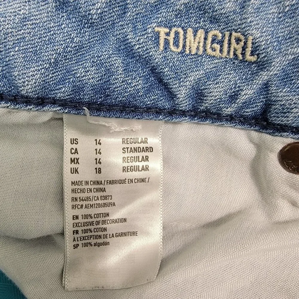American Eagle‎ Womens Tomgirl Jeans 14 Button Fly Distressed 100% Cotton AEO